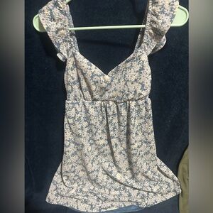 Eyeshadow Floral Ruffle Strap Blouse - Cream and Blue